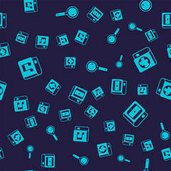 Set Audio book, Earth globe and, Magnifying glass and Book about cinema on seamless pattern. Vector