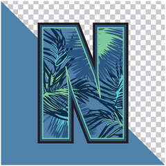 Alphabet N Made of Exotic Tropical Leaves vector Illustration with transparent background. Creative Text effect 'N' letter Graphic Design.