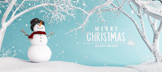 White Snowman with red scarf at snowy Christmas night  3D Rendering, 3D Illustration