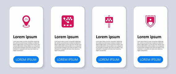 Set Life insurance with shield, Road sign for taxi stand, Taxi call telephone service and Location car. Business infographic template. Vector