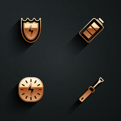 Set Lightning and shield, Battery charge, bolt and Screwdriver icon with long shadow. Vector