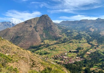 Fototapeta na wymiar Beautiful valley Urubamba in Andes mountains Peru. Sacred valley of Incas majestic landscape. Scenic view on El Valle Sagrado. Rural idyllic scene in Cuzco region, Peru, South America.