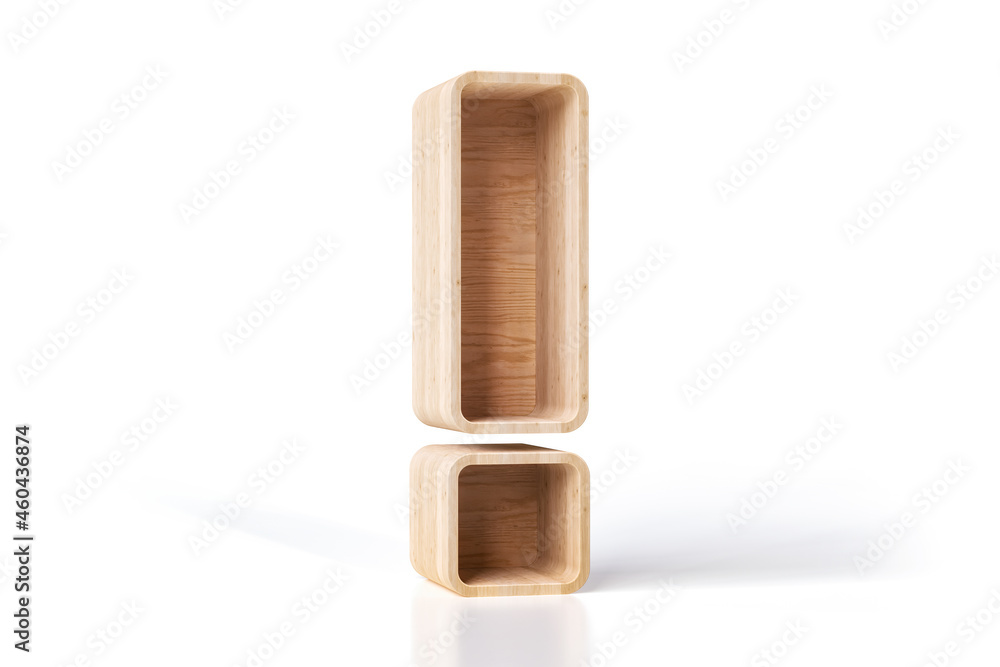 Poster shelving 3d in the shape of an exclamation mark made of wood. ideal for displaying decorative produc