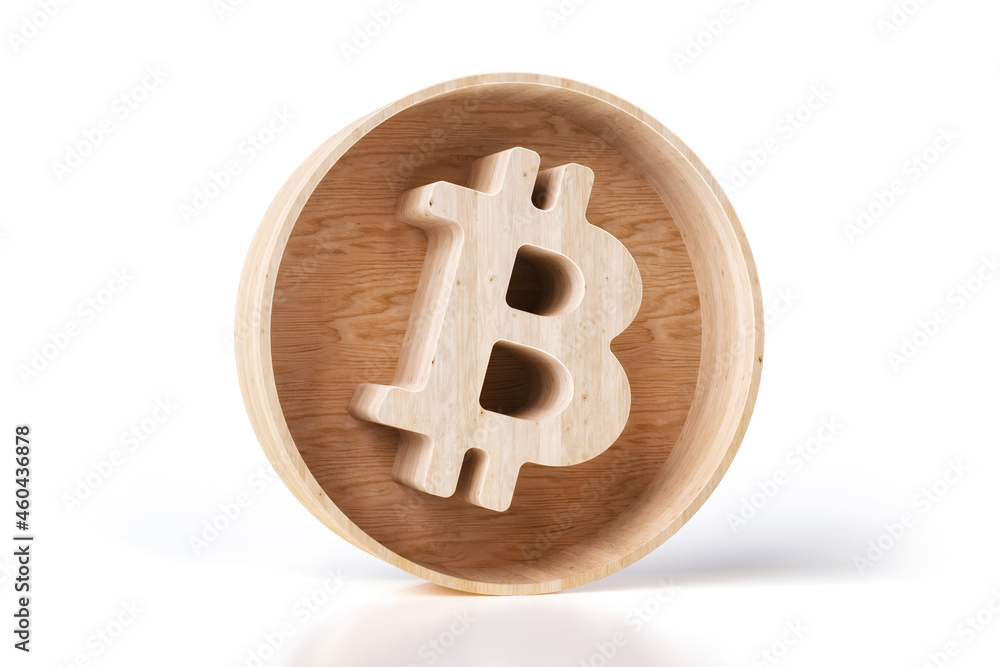 Poster bitcoin icon made wood. decorative and ecological concepts. high quality 3d rendering.