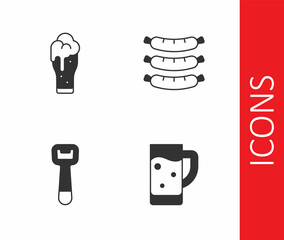 Set Glass of beer, Bottle opener and Sausage icon. Vector