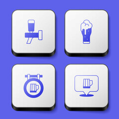 Obraz premium Set Beer tap, Glass of beer, Street signboard with and Wooden mug icon. White square button. Vector