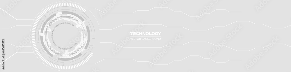 Poster Abstract digital HUD GUI UI technology circuit board soft grey wide banner. Gray Innovation digital hi tech concept vector background with circuit board. Engineering electronic motherboard wide banner