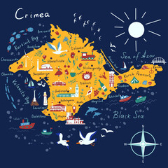Crimean peninsula vector cartoon map, Republic of Crimea, hand drawn colorful illustration, decorative travel card, animals and buildings sign attraction for design touristic poster, sea background