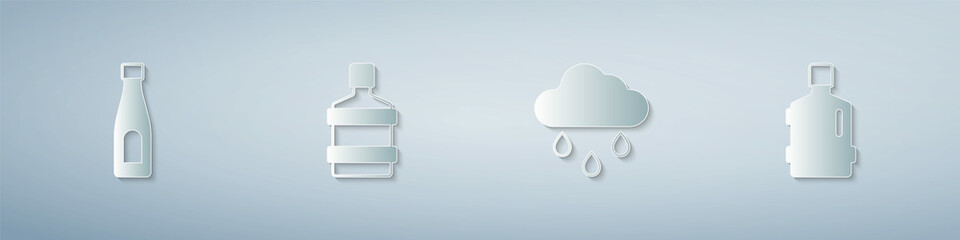 Set Bottle of water, Big bottle with clean, Cloud rain and . Paper art style. Vector