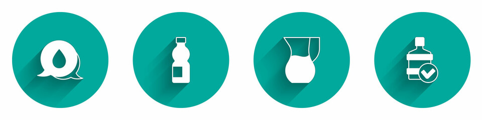 Set Water drop with speech bubbles, Bottle of water, Jug glass and Big bottle clean icon with long shadow. Vector