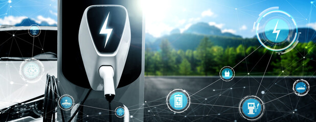 EV charging station for electric car in concept of alternative green energy produced from...