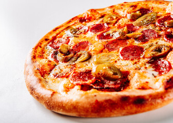 Hot Pepperoni Pizza with Mozzarella cheese, salami, Tomato sauce, pepper, Spices.
