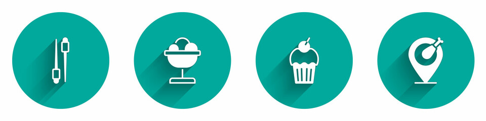 Set Food chopsticks, Ice cream in the bowl, Muffin and Chicken leg icon with long shadow. Vector