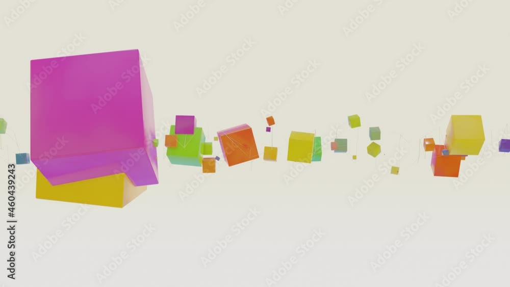 Aufkleber multicolored smooth cubes of different sizes move and spin on a white background. 3d render