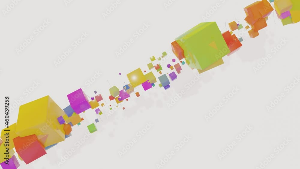 Aufkleber multicolored smooth cubes of different sizes move and spin on a white background. 3d render