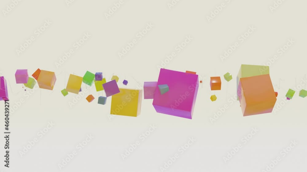 Aufkleber multicolored smooth cubes of different sizes move and spin on a white background. 3d render
