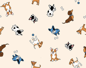 Seamless pattern with cute dogs isolated on khaki.  Animal pattern, perfect for kids textile, nursery decor, fabric