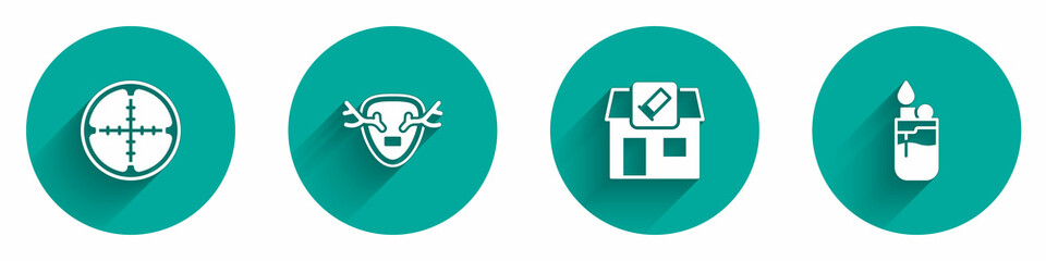 Set Sniper optical sight, Deer antlers on shield, Hunting shop and Lighter icon with long shadow. Vector