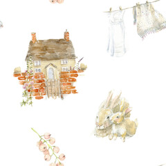 Hand drawn watercolor seamless pattern of cottage and village animals. Farm digital paper isolated on white background. Cute rabbits, linen, currant clipart in a realistic manner.