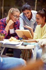 group of young caucasian females reading together in outdoor cafe, smiling, laughing.
