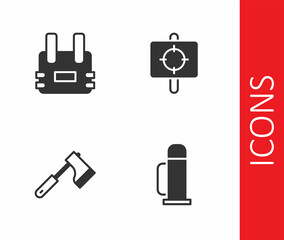 Set Thermos container, Bulletproof vest, Wooden axe and Target sport icon. Vector