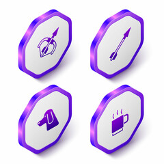 Set Isometric Medieval bow and arrow, Hunting dog and Coffee cup icon. Purple hexagon button. Vector