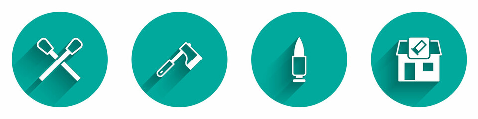 Set Burning match with fire, Wooden axe, Bullet and Hunting shop icon with long shadow. Vector