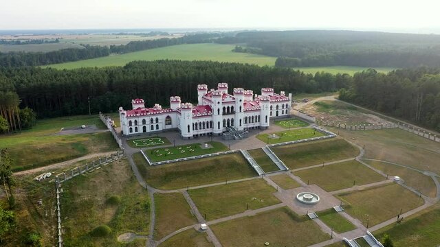 Kossovo, Belarus. Aerial View Of Historic Landmark Kosava Castle. Puslowski Puslovsky Palace Castle. 