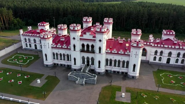 Kossovo, Belarus. Aerial View Of Historic Landmark Kosava Castle. Puslowski Puslovsky Palace Castle. 