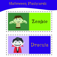 Halloween cards for learning English words. Set of vector flat icons. Digital illustration. Vector illustration.
