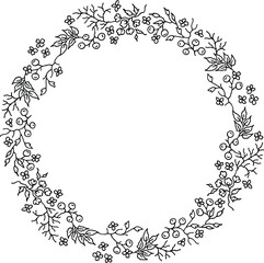 floral black and white round wreath, hand-drawn