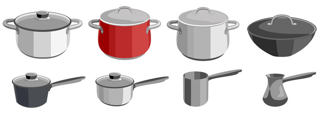 Pots and saucepans. Metal dishes. Kitchen objects pots, turk and ladle, kitchenware tools collection for cooking. Elements for boiling and frying cartoon vector illustration isolated on white