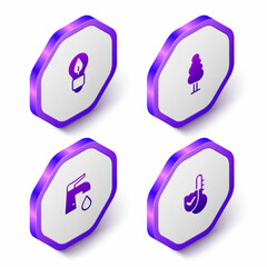 Set Isometric Light bulb with leaf, Tree, Water tap and Thermometer icon. Purple hexagon button. Vector