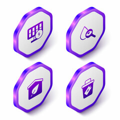 Set Isometric Solar energy panel, Drop and magnifying glass, Eco friendly house and Trash can icon. Purple hexagon button. Vector
