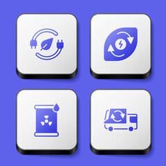 Set Electric saving plug in leaf, Water energy, Radioactive waste barrel and Garbage truck icon. White square button. Vector