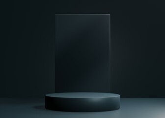 Modern dark blue podium for product showcase. Cylinder shapes pedestal. Blue background display. Empty stage. 3d render illustration