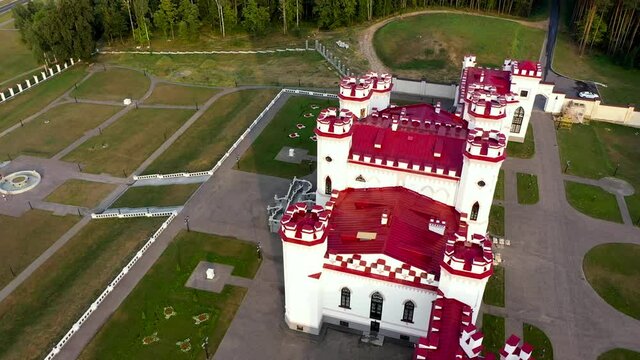 Kossovo, Belarus. Aerial View Of Historic Landmark Kosava Castle. Puslowski Puslovsky Palace Castle. 