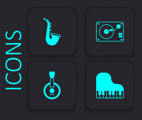 Set Grand piano, Saxophone, Vinyl player with vinyl disk and Banjo icon. Black square button. Vector