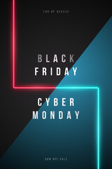 Black Friday and Cyber Monday vertical banner. Red and Blue neon led lamps on dark background with text space. Stock vector illustration.