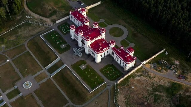 Kossovo, Belarus. Aerial View Of Historic Landmark Kosava Castle. Puslowski Puslovsky Palace Castle. 
