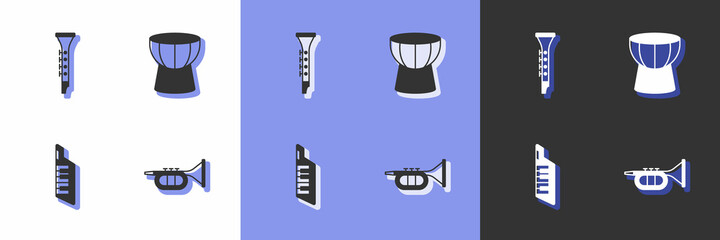 Set Trumpet, Clarinet, Keytar and African darbuka drum icon. Vector