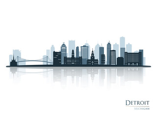 Detroit skyline silhouette with reflection. Landscape Detroit, Michigan. Vector illustration.
