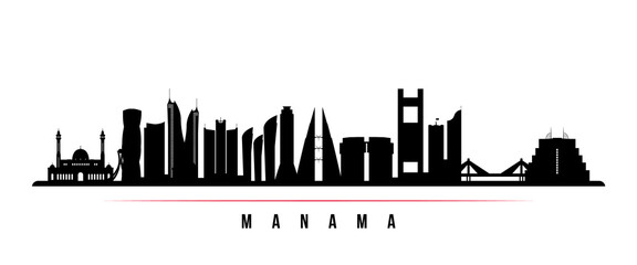 Naklejka premium Manama skyline horizontal banner. Black and white silhouette of Manama, Bahrain. Vector template for your design.