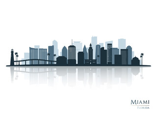 Fototapeta na wymiar Miami skyline silhouette with reflection. Landscape Miami, Florida. Vector illustration.