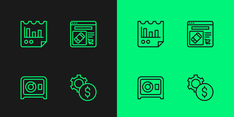 Set line Gear with dollar symbol, Safe, Document graph chart and Online shopping on screen icon. Vector
