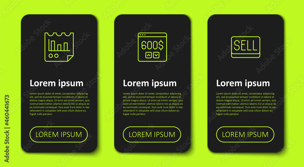 Poster set line document with graph chart, monitor dollar and sell button. business infographic template. v
