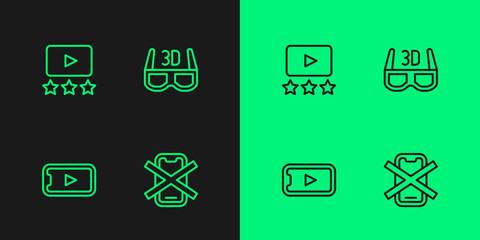 Set line No cell phone, Online play video, Rating movie and 3D cinema glasses icon. Vector