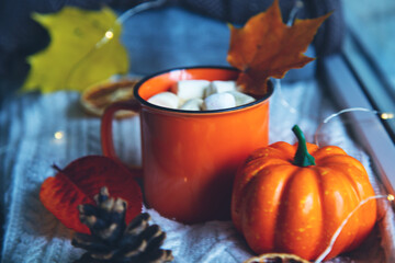 Cup of cocoa, pumpkin, autumn leaves and a knitted blanket on the windowsill.