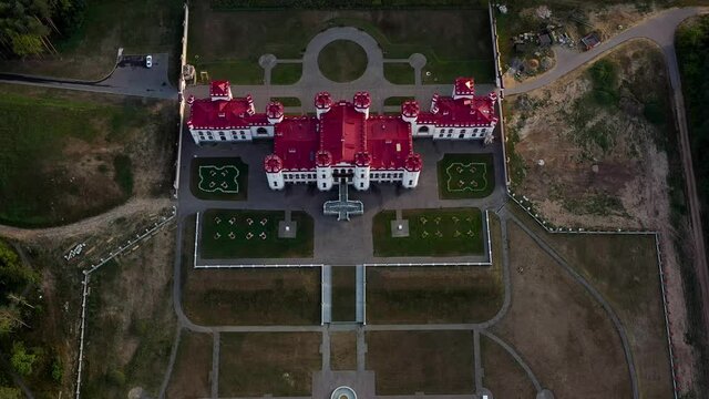 Kossovo, Belarus. Aerial View Of Historic Landmark Kosava Castle. Puslowski Puslovsky Palace Castle. 