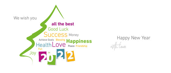 Fototapeta premium Happy New Year 2022 trendy colorful negative space numbers abstract christmas tree word cloud text white isolated background vector greeting card